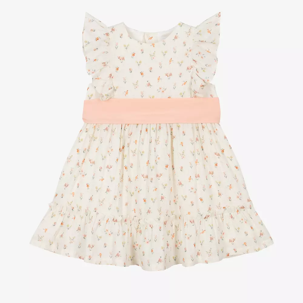 Laranjinha-فستان فيسكوز وكتان لون عاجي وزهري بطبعة ورود | Childrensalon Outlet