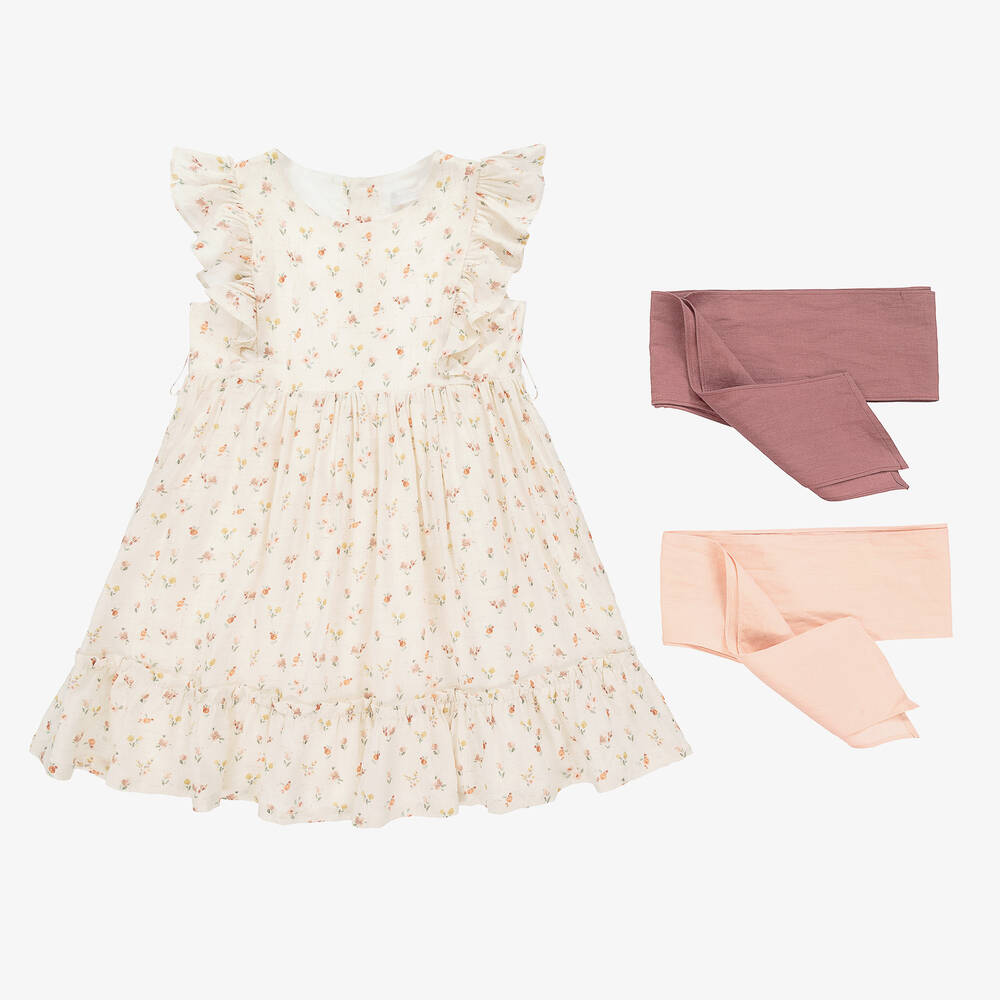 Laranjinha-فستان فيسكوز وكتان لون عاجي وزهري بطبعة ورود | Childrensalon Outlet