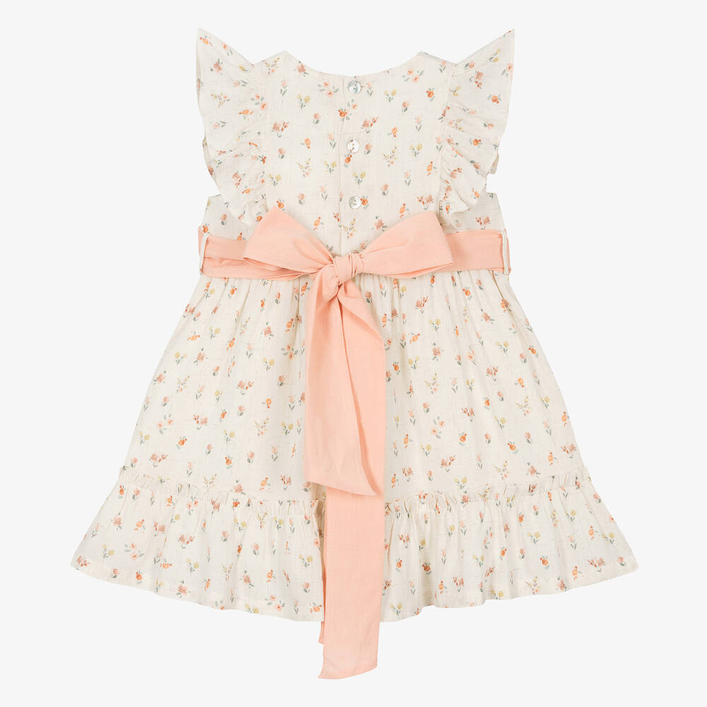 Laranjinha-فستان فيسكوز وكتان لون عاجي وزهري بطبعة ورود | Childrensalon Outlet