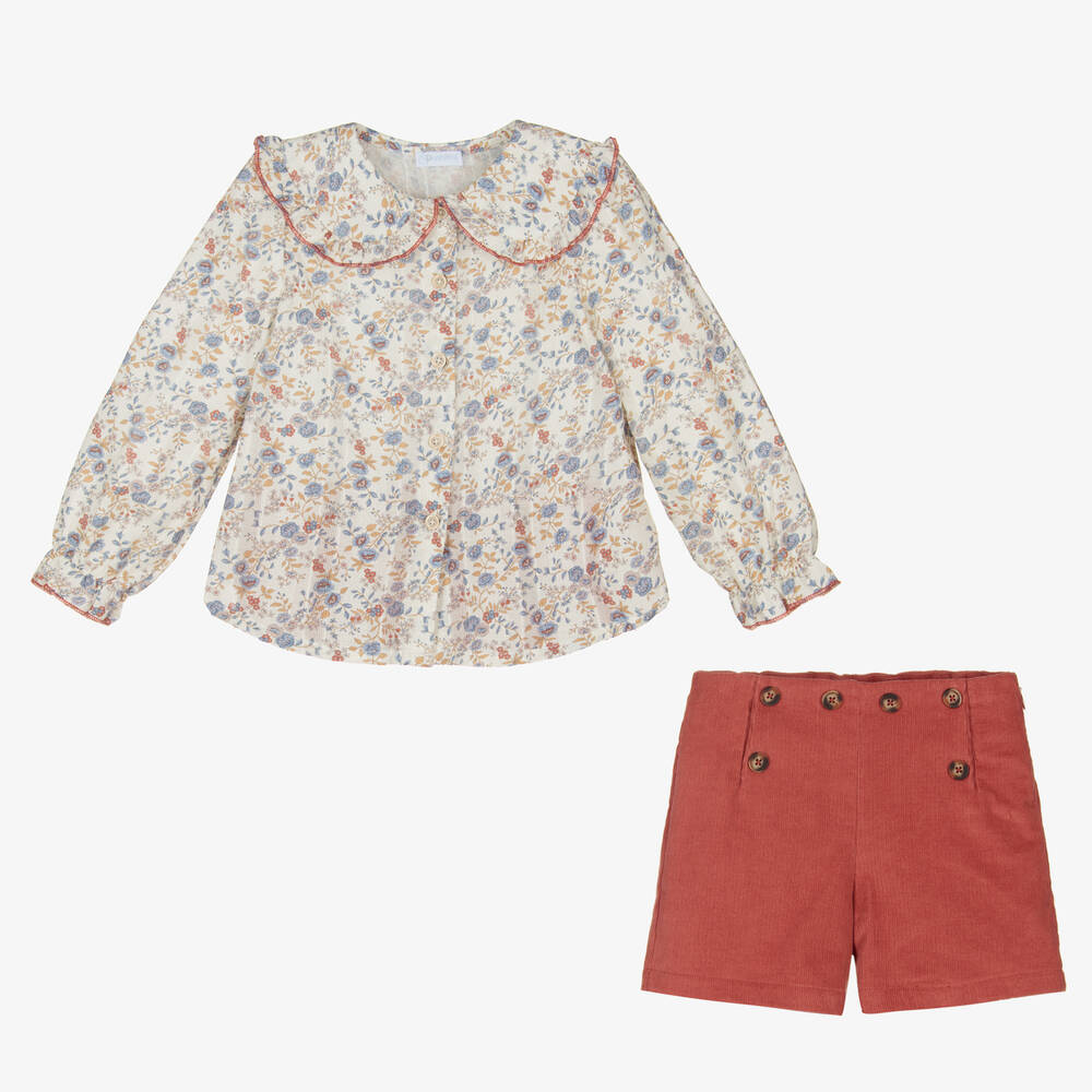 Laranjinha-Girls Ivory & Pink Shorts Set | Childrensalon Outlet