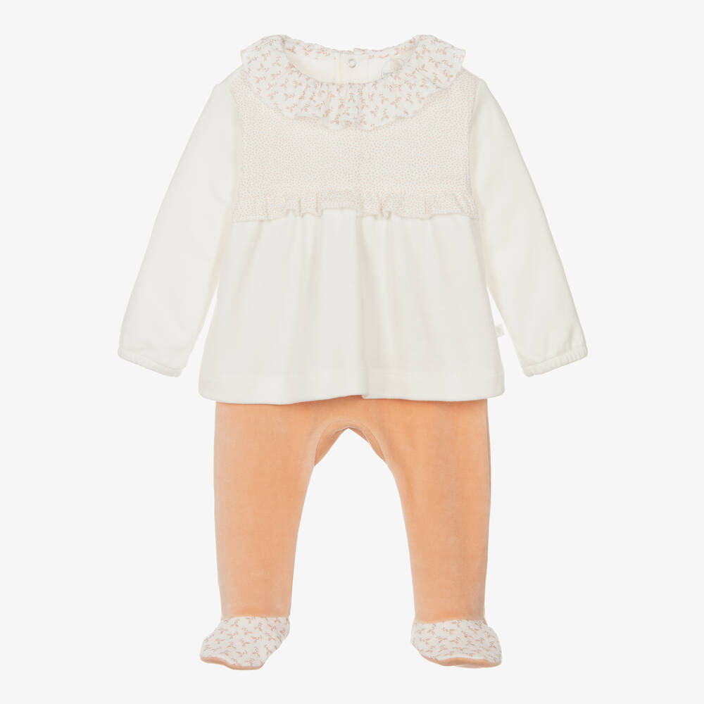 Laranjinha - Girls Ivory & Pink Velour 2 Piece Babygrow | Childrensalon