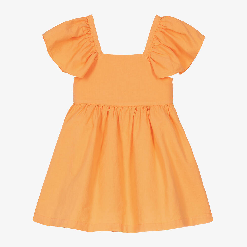 Laranjinha - Girls Orange Linen & Cotton Dress | Childrensalon