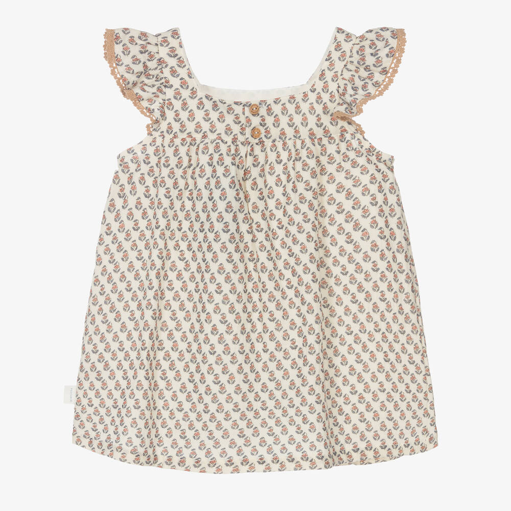 Laranjinha - Girls Pale Beige Floral Print Dress | Childrensalon