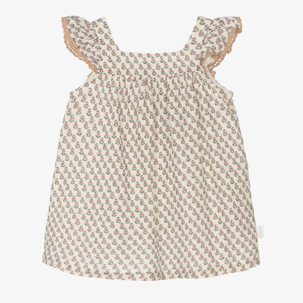 Laranjinha-Girls Pale Beige Floral Print Dress | Childrensalon Outlet