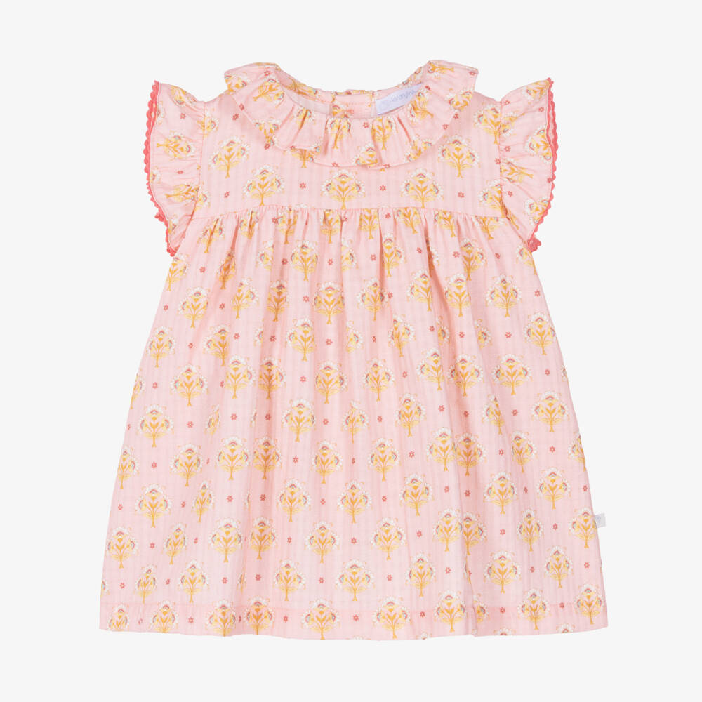 Laranjinha-Girls Pale Pink Dress with Floral Print | Childrensalon Outlet