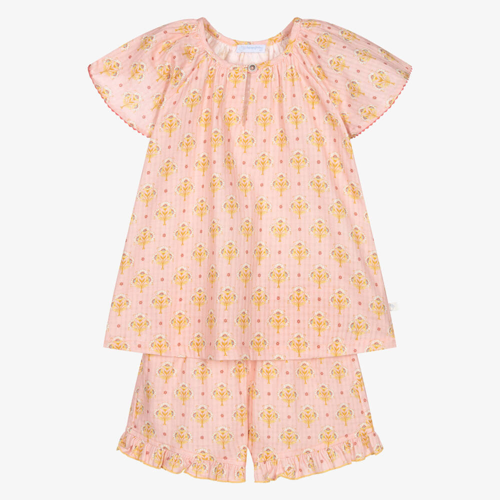 Laranjinha-Girls Pale Pink Short Set with Floral Print | Childrensalon Outlet