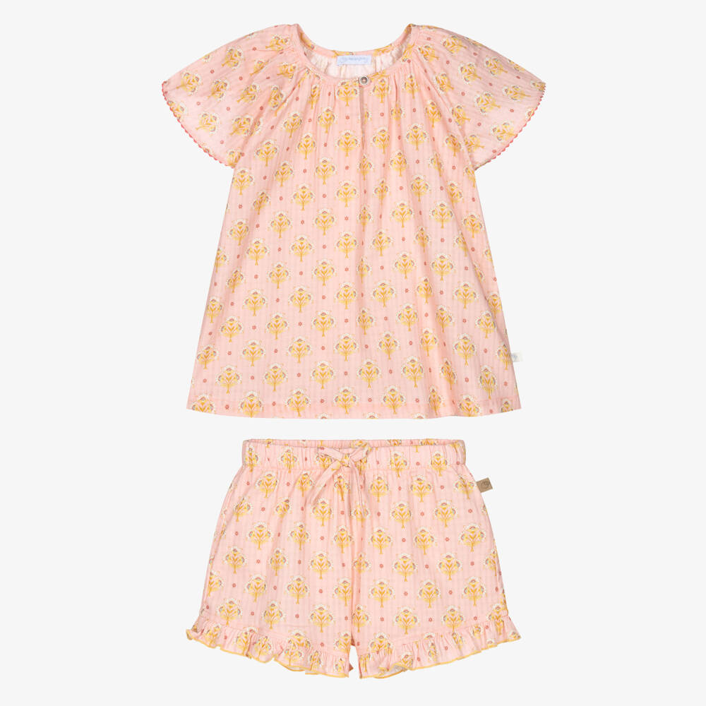 Laranjinha-Girls Pale Pink Short Set with Floral Print | Childrensalon Outlet