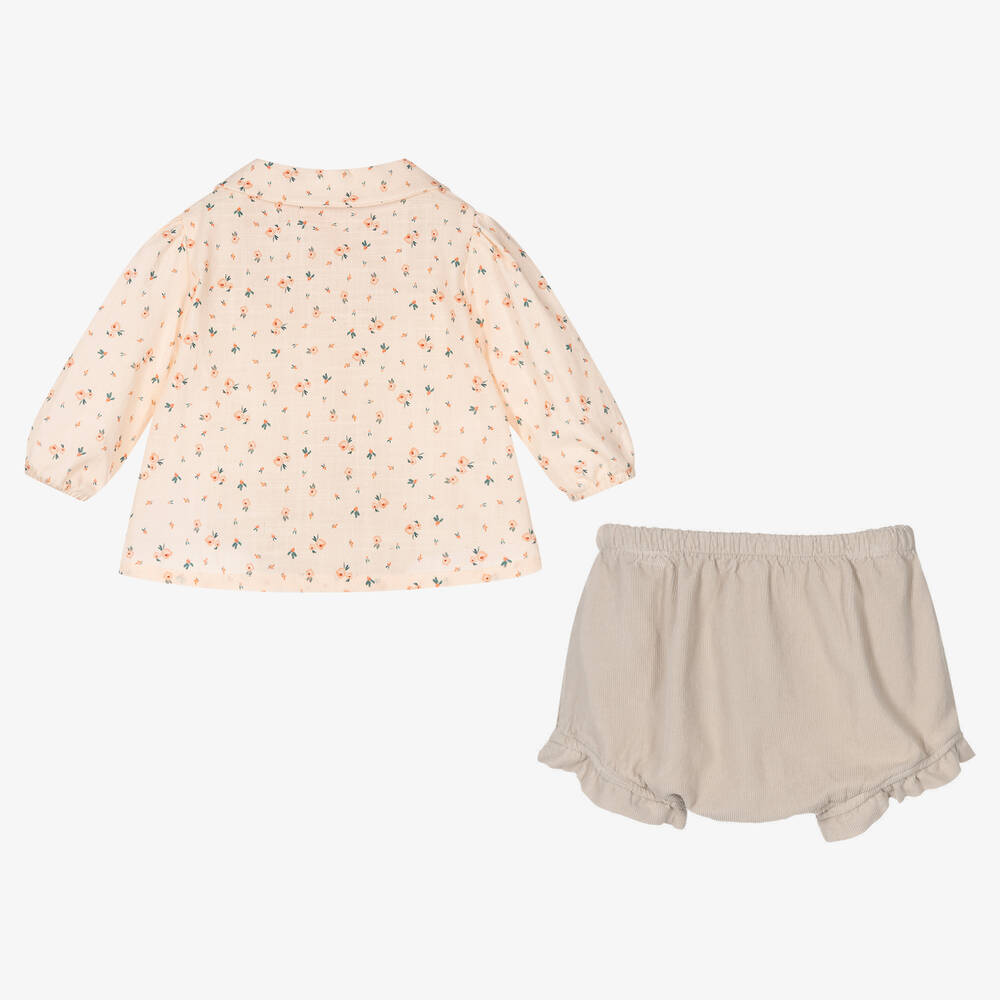 لارانجينا-طقم شورت قطن لون زهري وبيج بطبعة ورود | Childrensalon Outlet