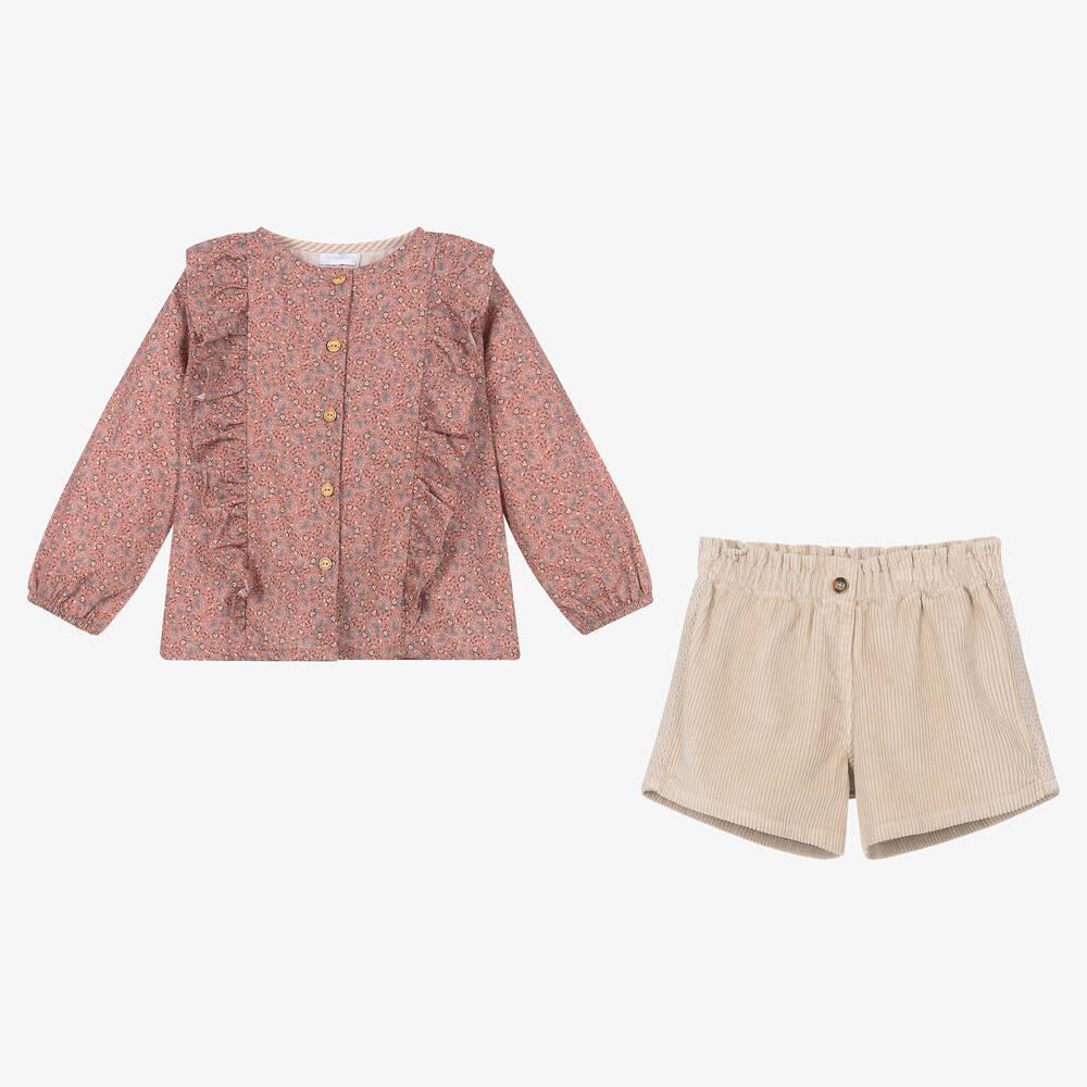 Laranjinha-Girls Pink & Beige Shorts Set | Childrensalon Outlet
