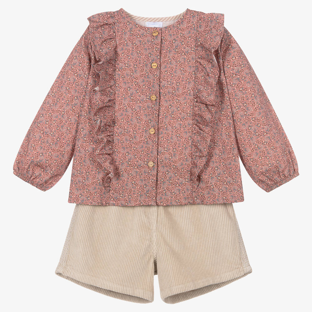 Laranjinha - Girls Pink & Beige Shorts Set | Childrensalon