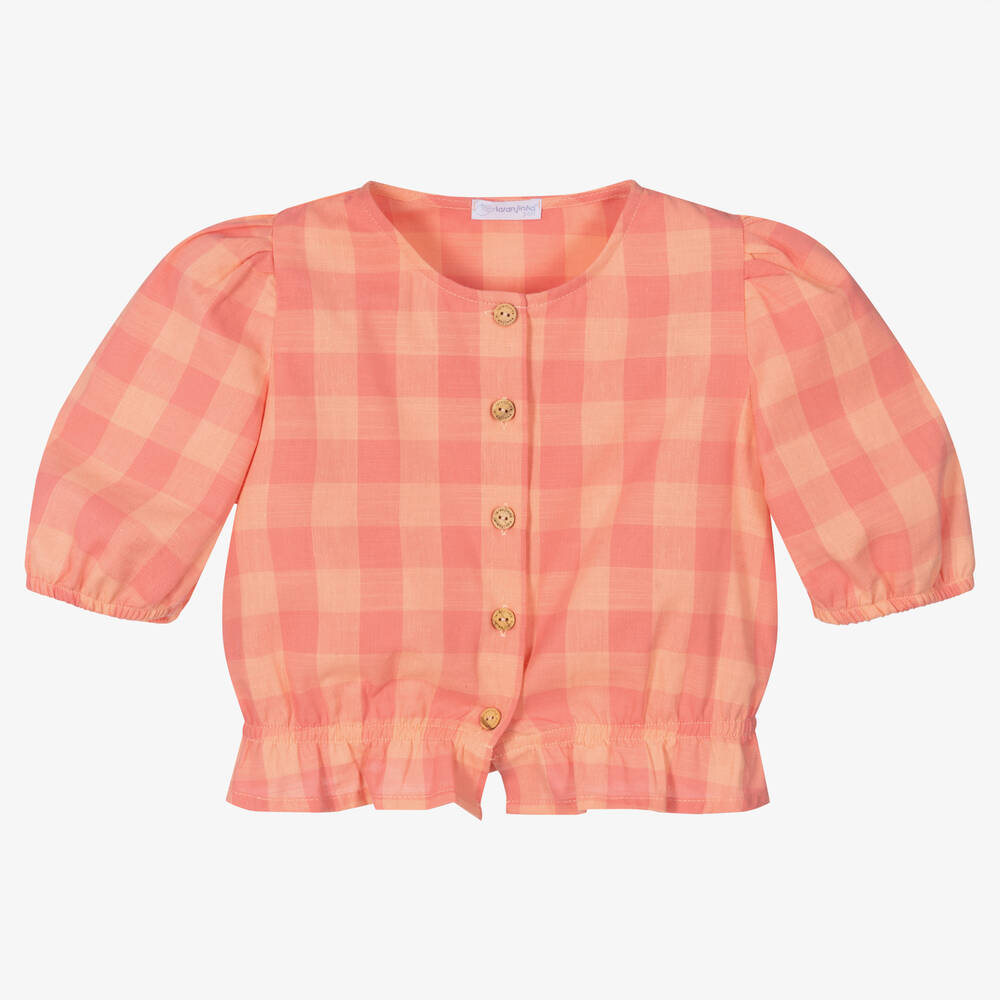Laranjinha - Girls Pink Check Cotton Blouse | Childrensalon