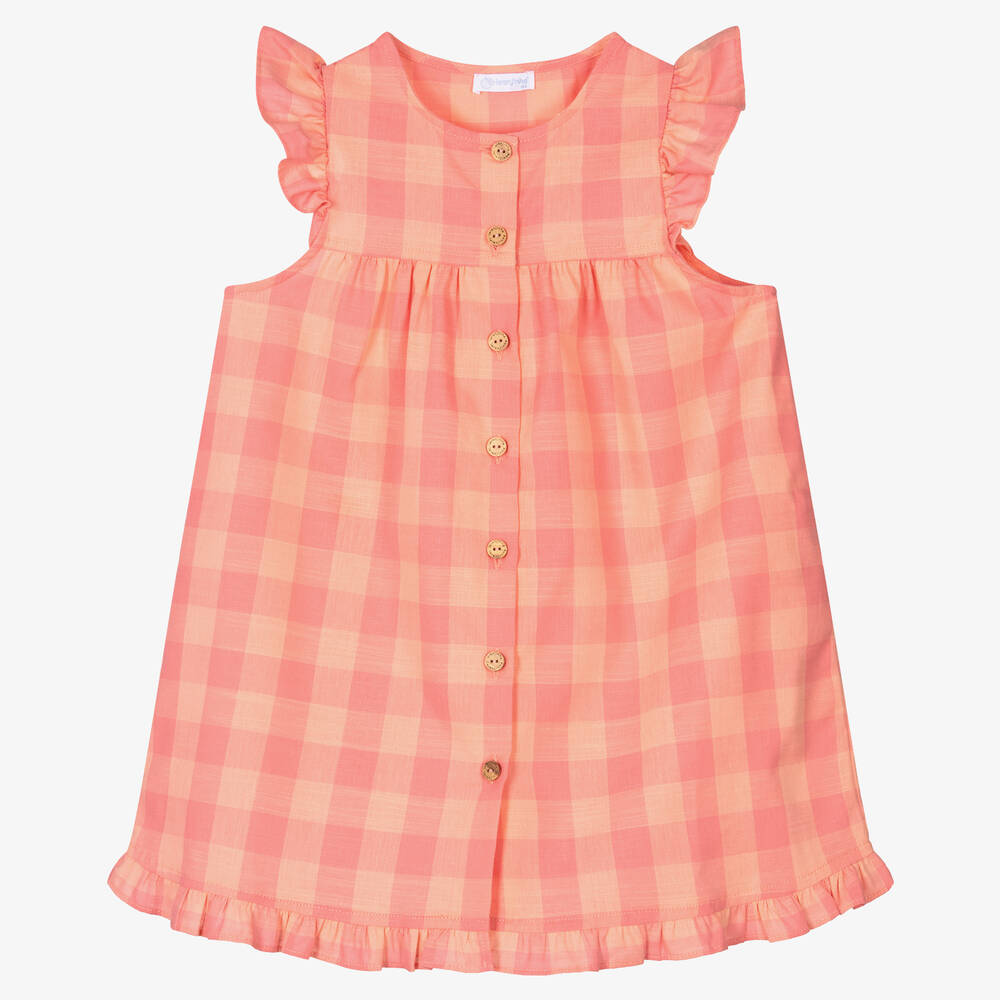 Laranjinha - Girls Pink Checked Cotton Dress | Childrensalon