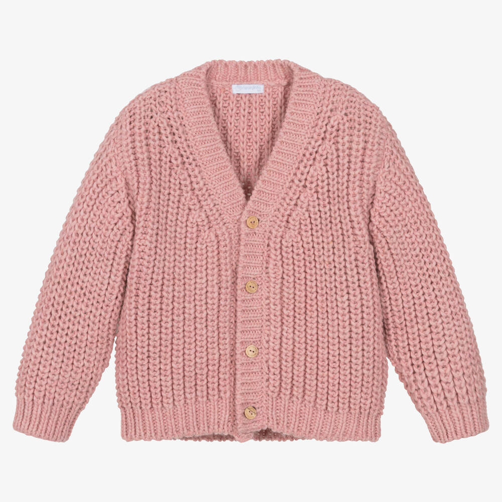 Laranjinha - Girls Pink Chunky Knit Cardigan | Childrensalon