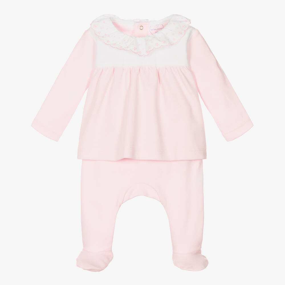 Laranjinha - Girls Pink Cotton Jersey 2 Piece Babygrow | Childrensalon
