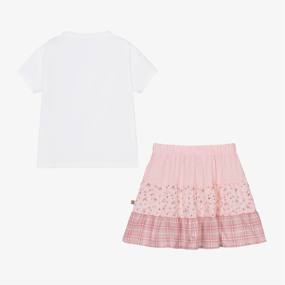 Laranjinha-Girls Pink Cotton & Linen Floral Skirt Set | Childrensalon Outlet