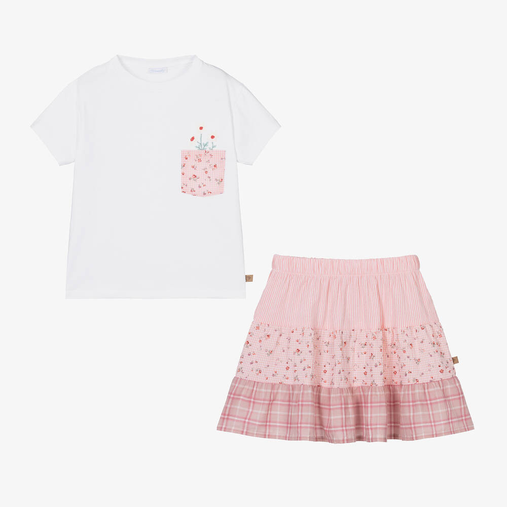 Laranjinha-Girls Pink Cotton & Linen Floral Skirt Set | Childrensalon Outlet