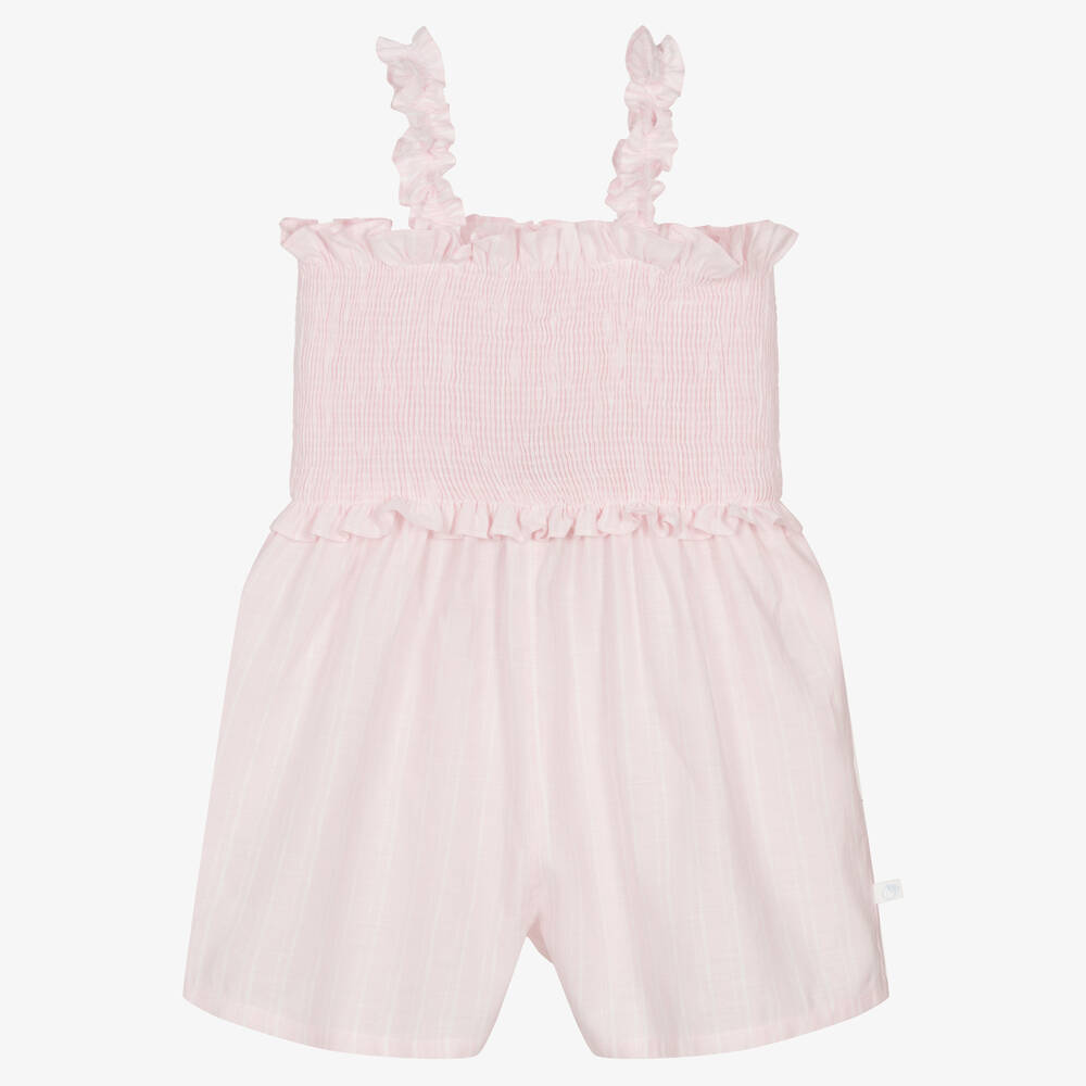 Laranjinha - Rosa Baumwoll- und Leinen-Playsuit | Childrensalon