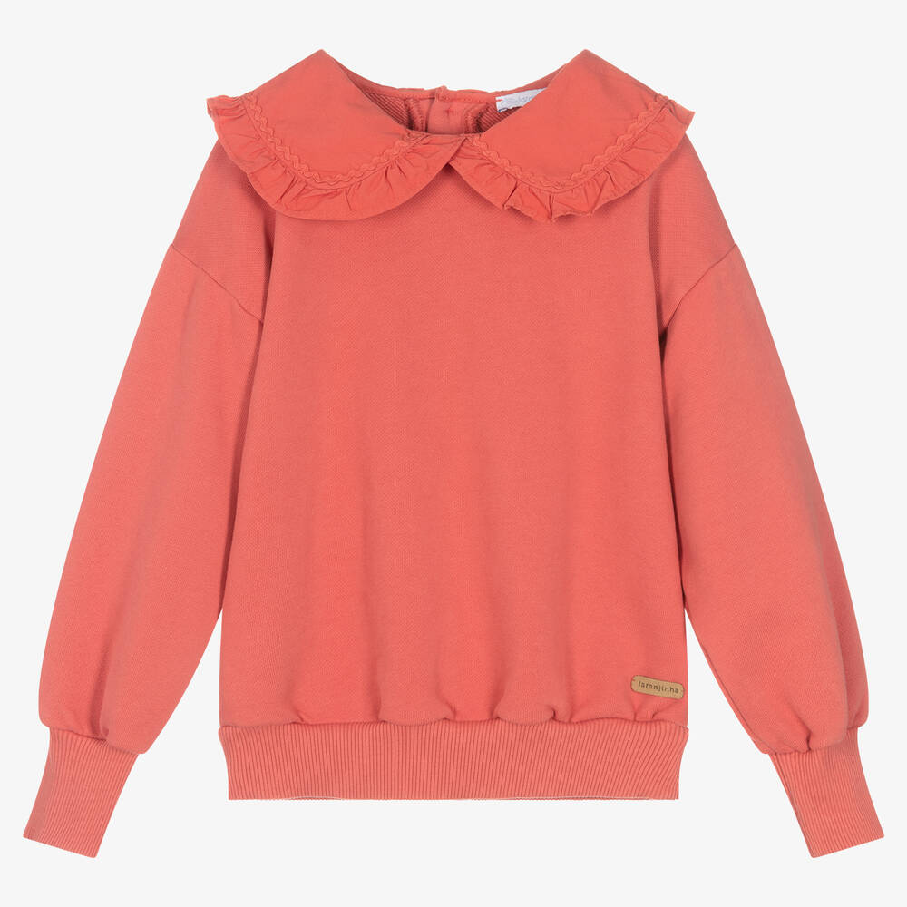 Laranjinha - Girls Pink Cotton Ruffle Collar Sweatshirt | Childrensalon