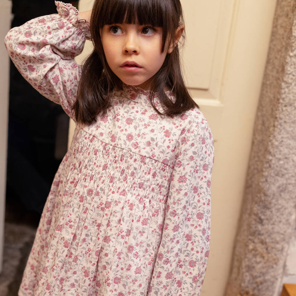 Laranjinha-Girls Pink Floral Shirred Dress | Childrensalon Outlet
