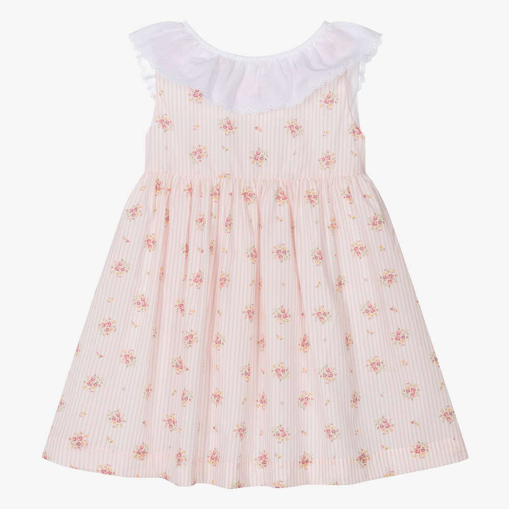 Laranjinha-Girls Pink Floral Striped Cotton Dress | Childrensalon Outlet
