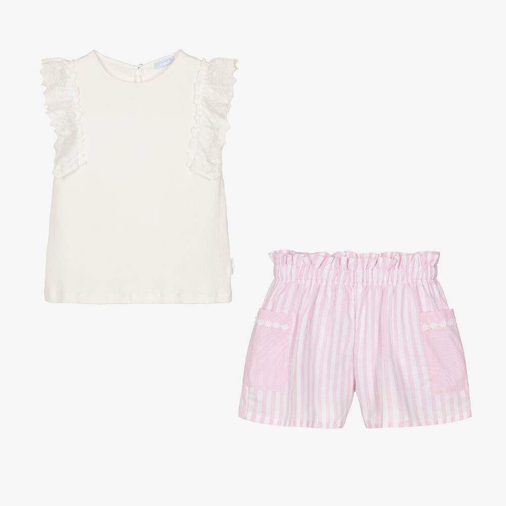 Laranjinha-Girls Pink Stripe Cotton Shorts Set | Childrensalon Outlet