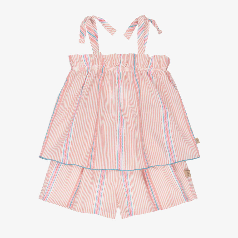 Laranjinha-Girls Pink Stripe Cotton Shorts Set | Childrensalon Outlet