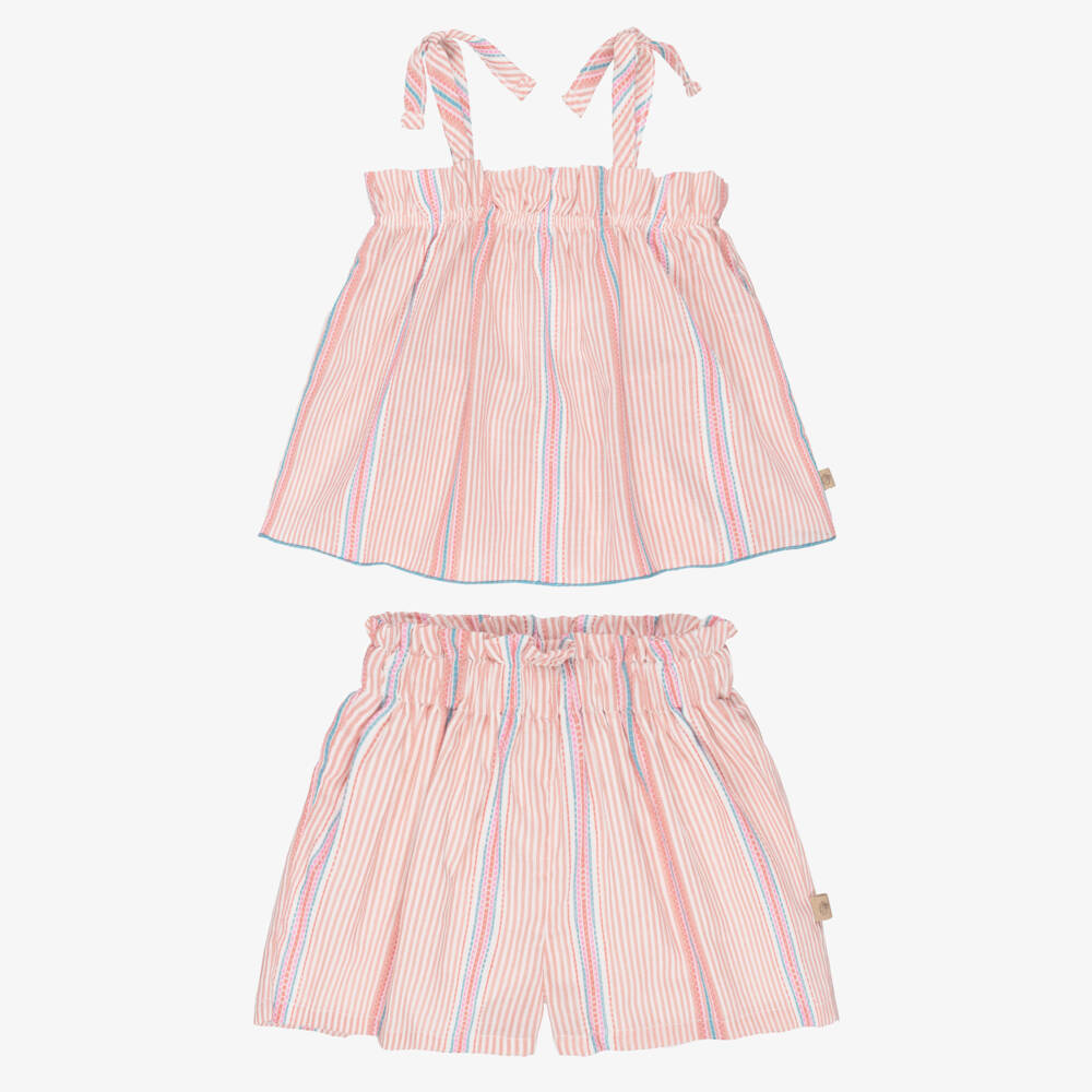 Laranjinha-Girls Pink Stripe Cotton Shorts Set | Childrensalon Outlet