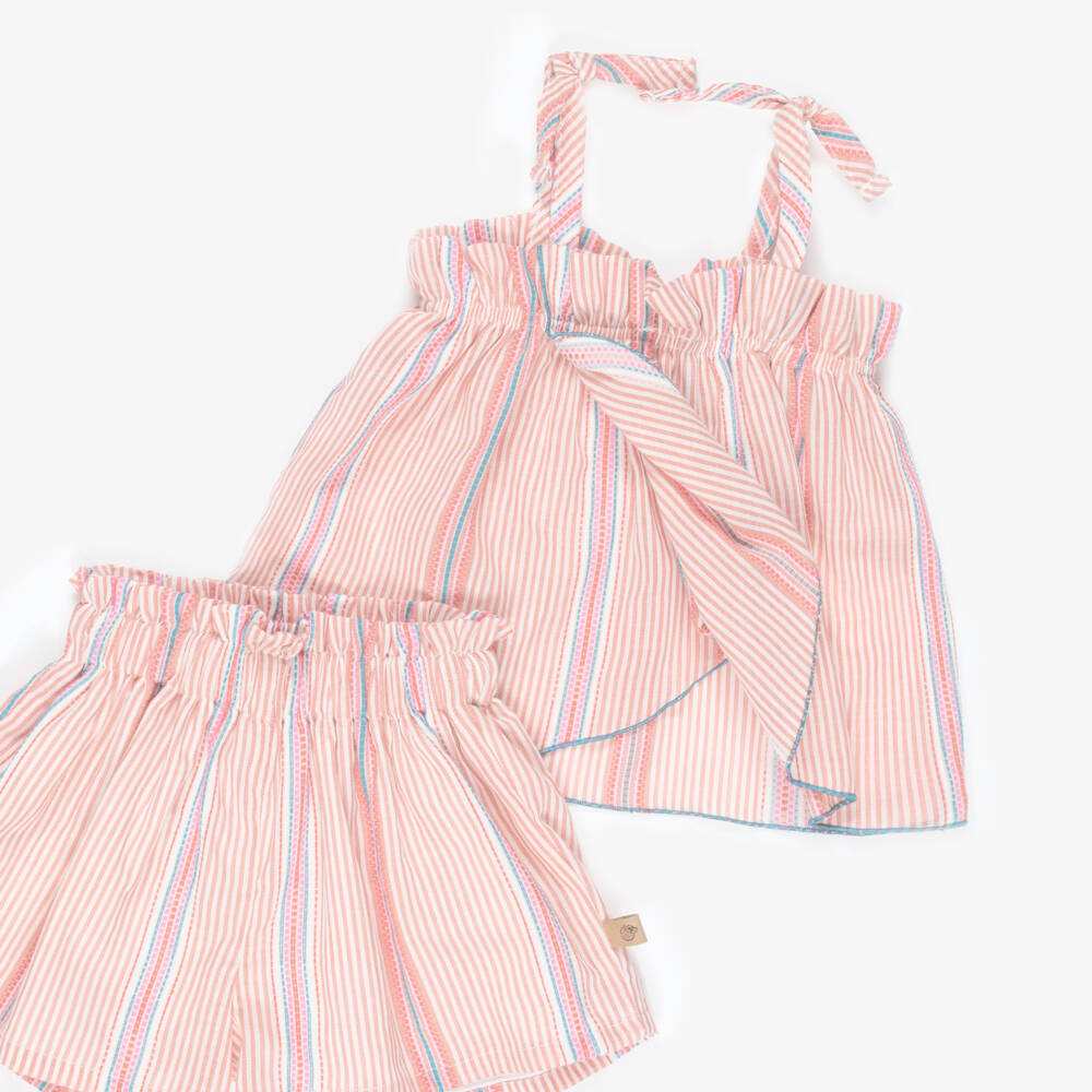 Laranjinha-Girls Pink Stripe Cotton Shorts Set | Childrensalon Outlet