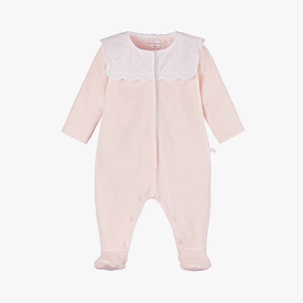 Laranjinha-Girls Pink Velour Collar Sleepsuit | Childrensalon Outlet
