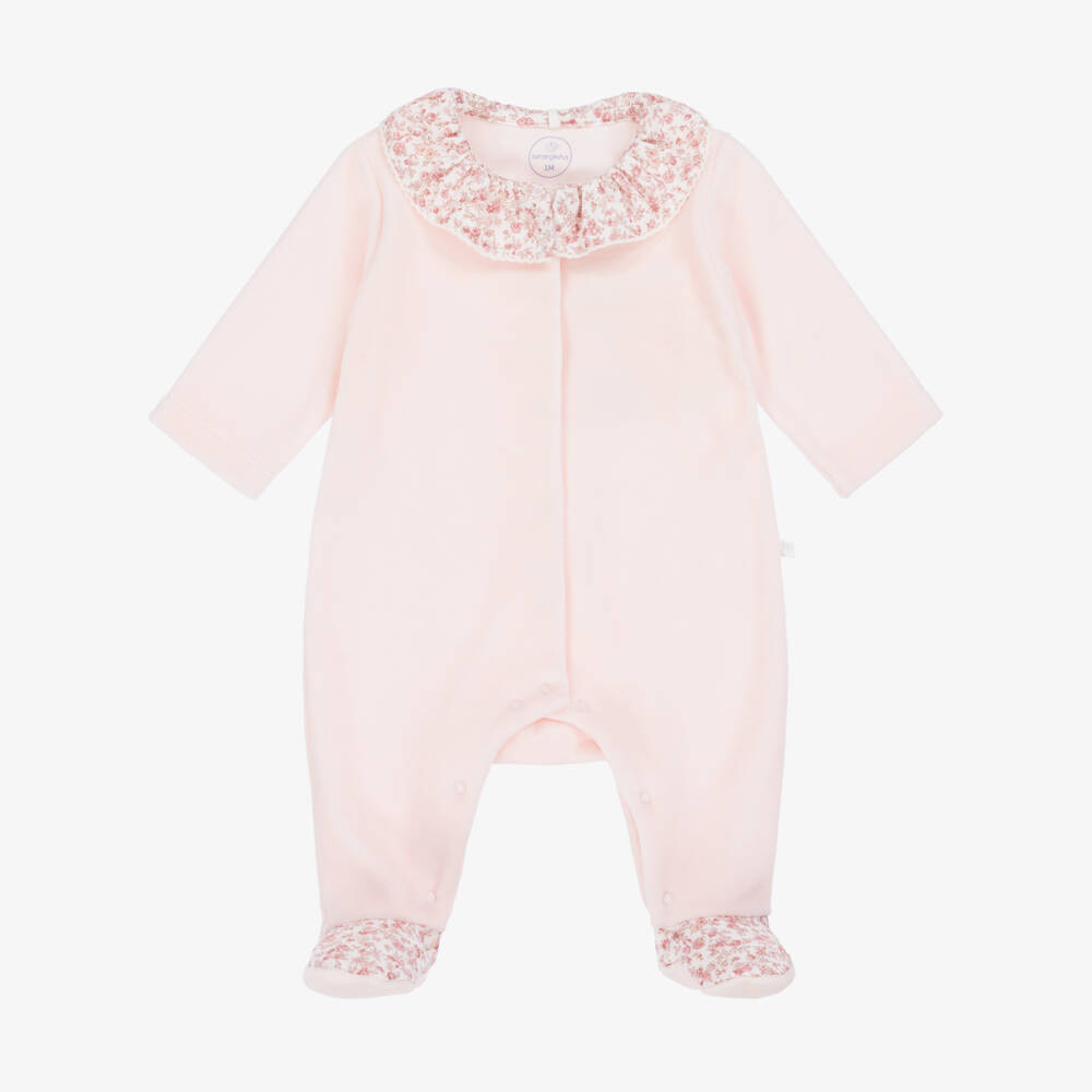 Laranjinha-Girls Pink Velour & Floral Collar Babygrow | Childrensalon Outlet