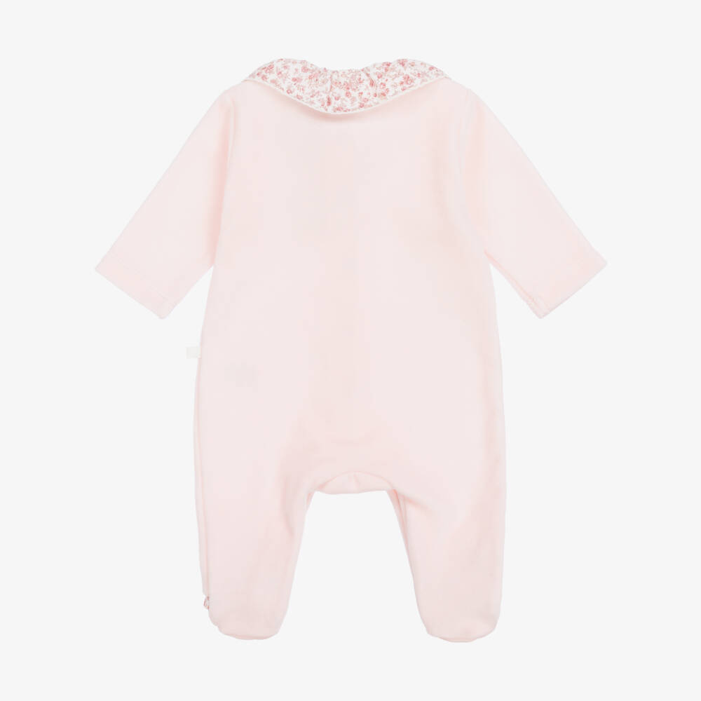 Laranjinha-Girls Pink Velour & Floral Collar Babygrow | Childrensalon Outlet