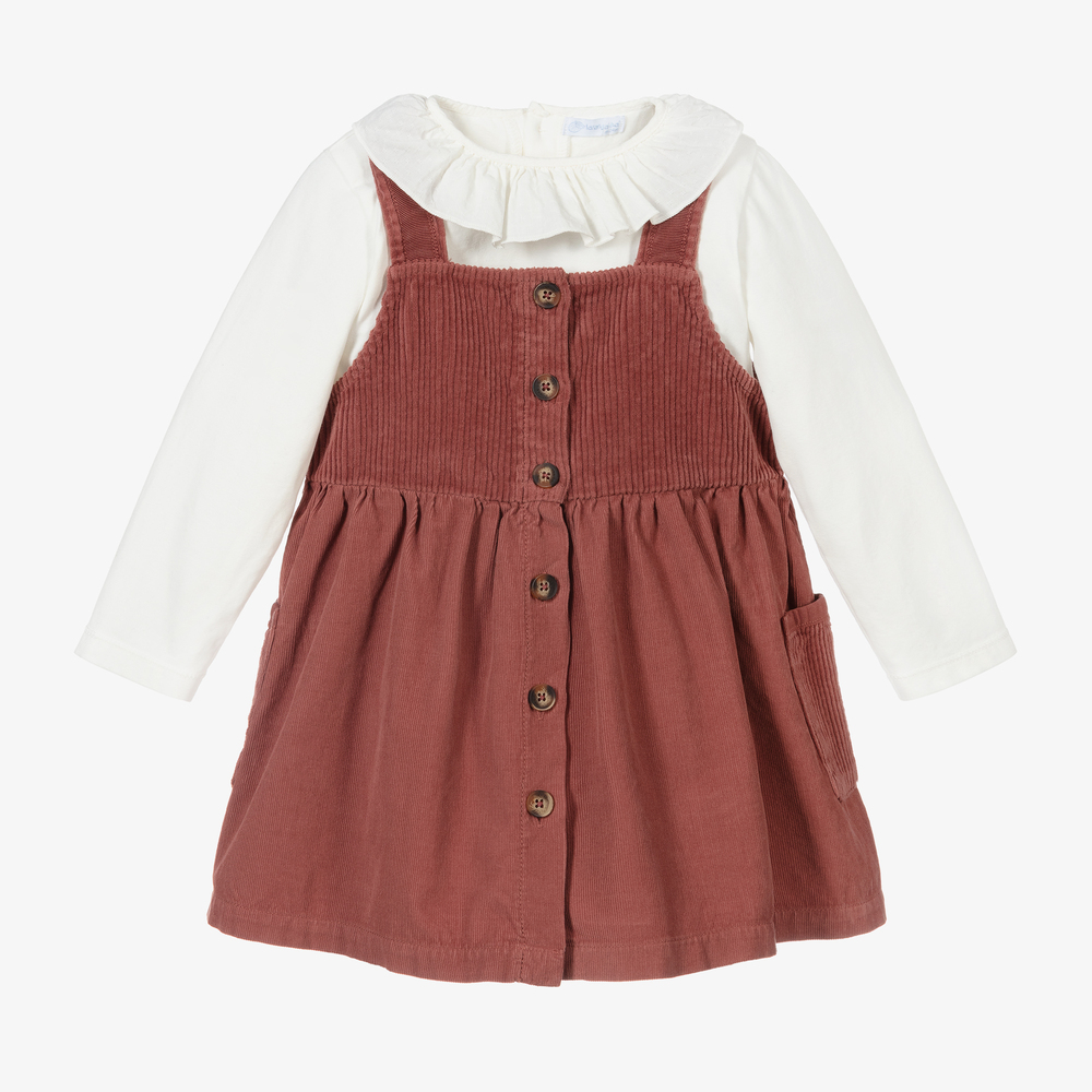 Laranjinha - طقم فستان قطن كوردروي لون أحمر وعاجي | Childrensalon