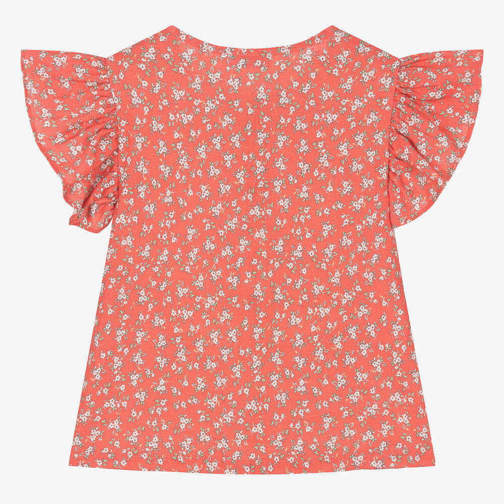 Laranjinha-Girls Red Floral Linen & Viscose Blouse | Childrensalon Outlet
