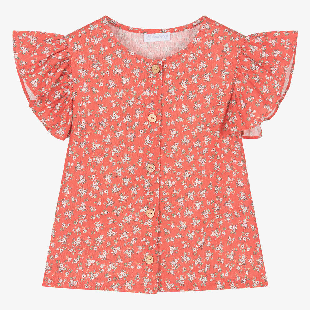 Laranjinha-بلوزة كتان وفيسكوز لون أحمر بطبعة ورود للبنات | Childrensalon Outlet