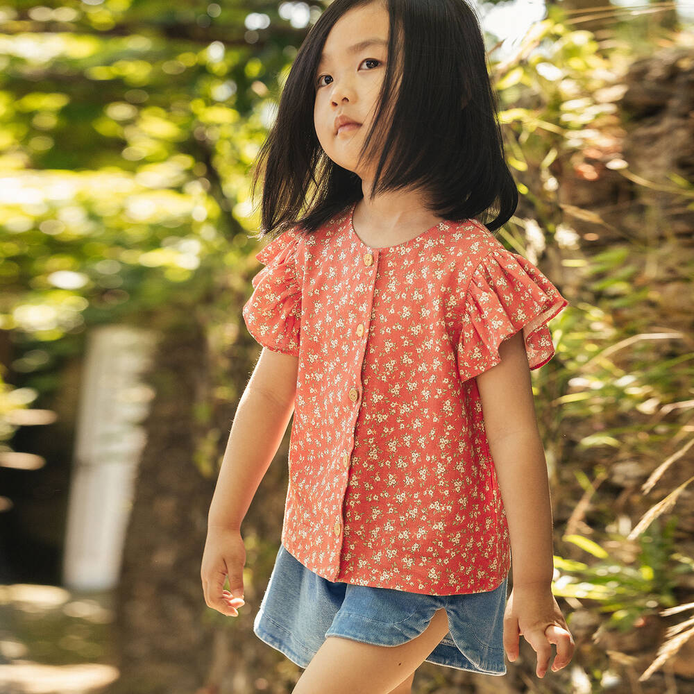 Laranjinha-Girls Red Floral Linen & Viscose Blouse | Childrensalon Outlet