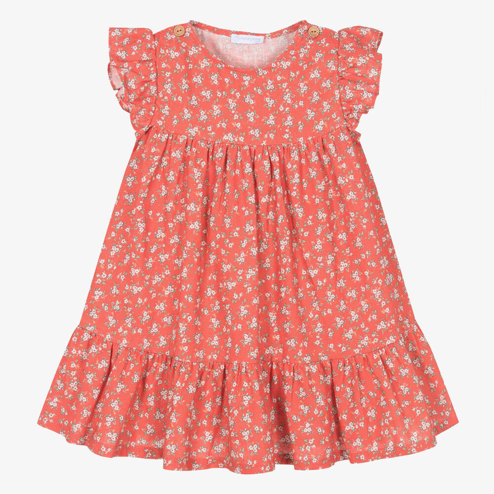Laranjinha-Girls Red Floral Linen & Viscose Dress | Childrensalon Outlet