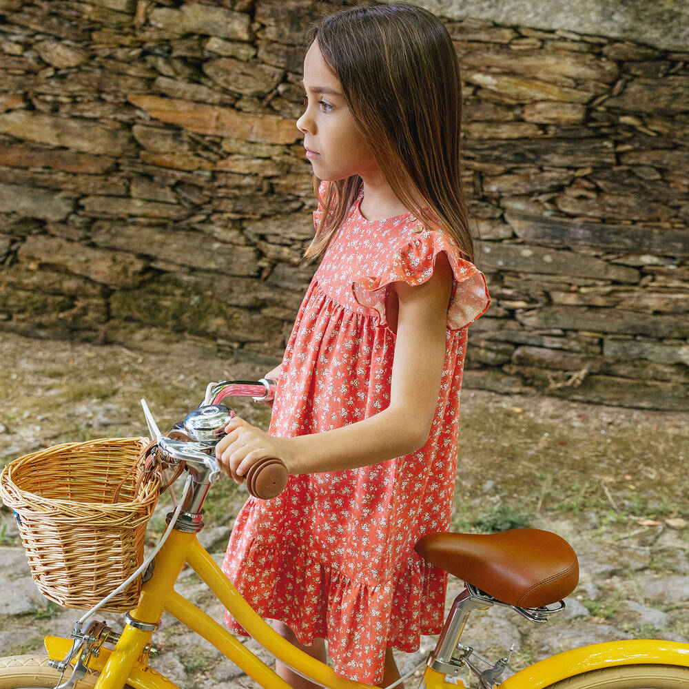 لارانجينا-فستان كتان وفيسكوز لون أحمر بطبعة ورود للبنات | Childrensalon Outlet