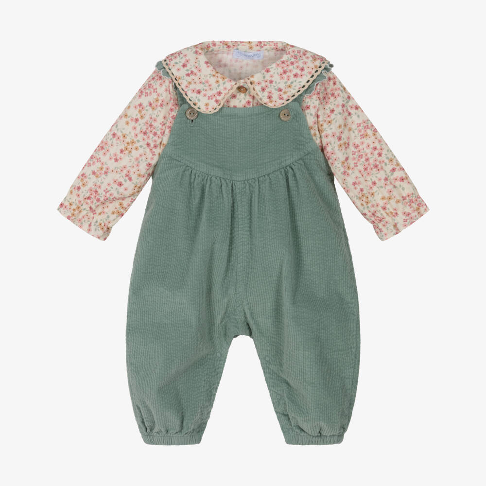 Laranjinha-Girls Sage Green & Ivory Cotton Dungarees Set | Childrensalon Outlet
