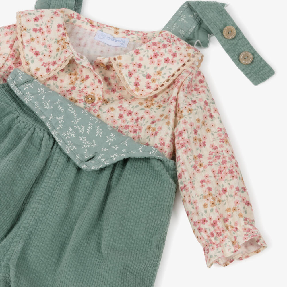 Laranjinha-Girls Sage Green & Ivory Cotton Dungarees Set | Childrensalon Outlet