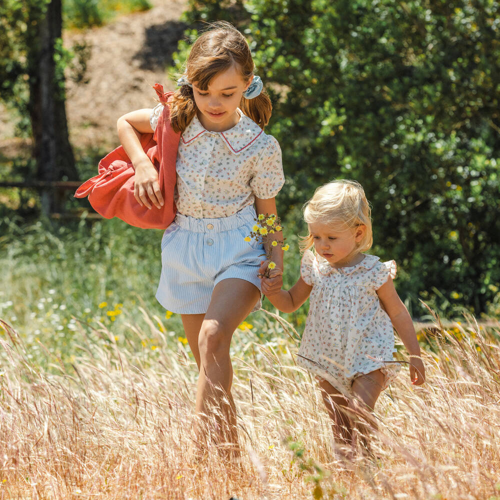 Laranjinha-Girls Soft Blue Striped Twill Shorts | Childrensalon Outlet