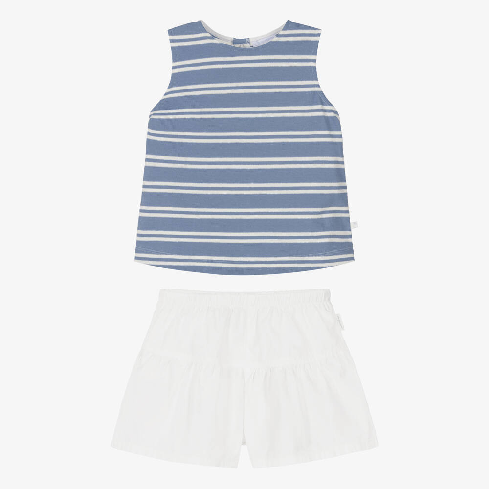Laranjinha-Girls Striped Blue Top & White Shorts Set | Childrensalon Outlet