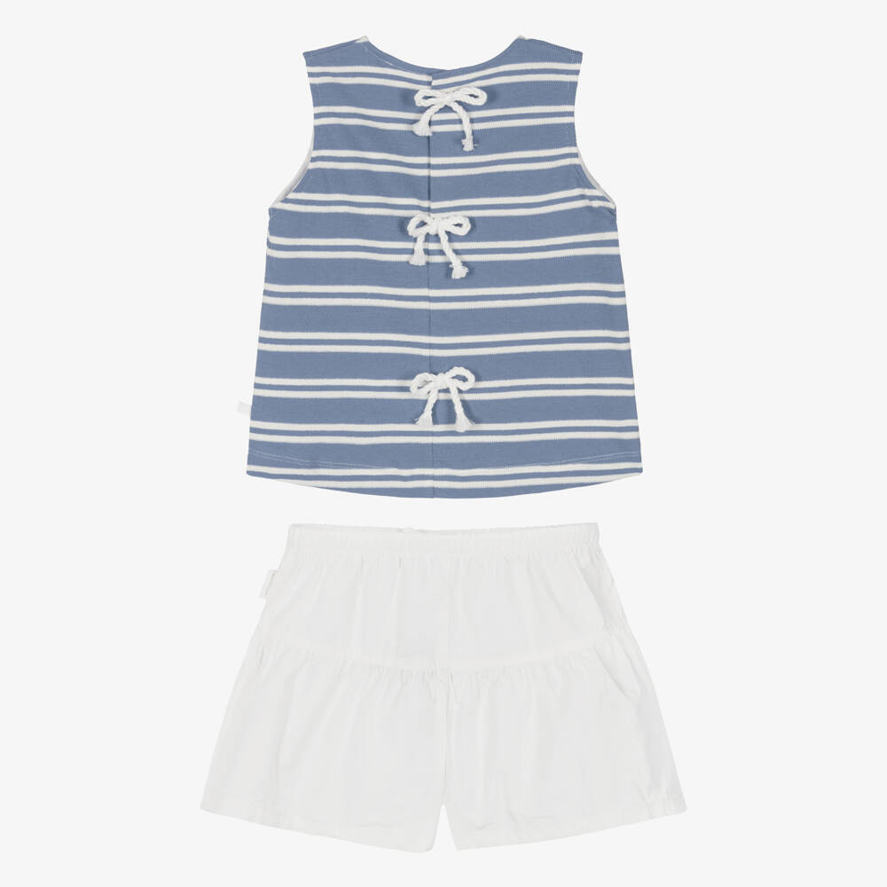 Laranjinha-Girls Striped Blue Top & White Shorts Set | Childrensalon Outlet