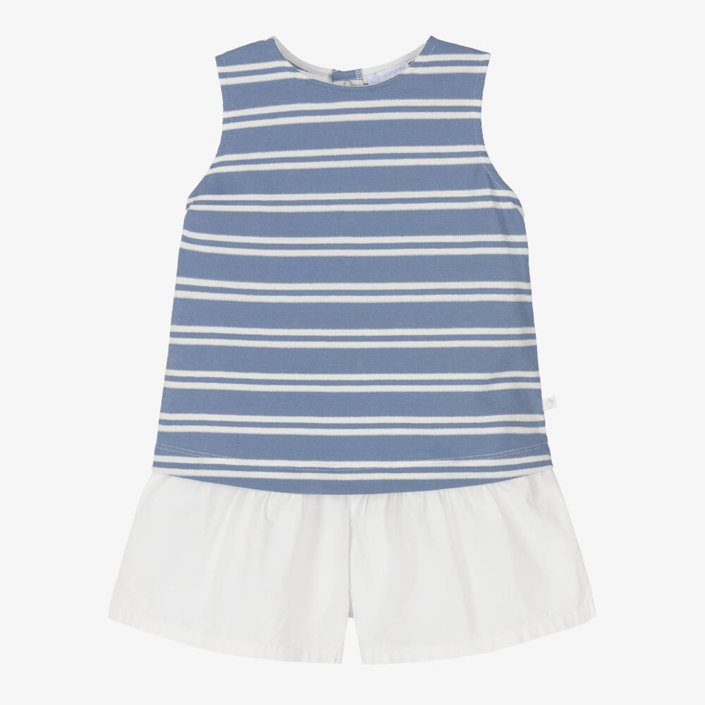Laranjinha-Girls Striped Blue Top & White Shorts Set | Childrensalon Outlet