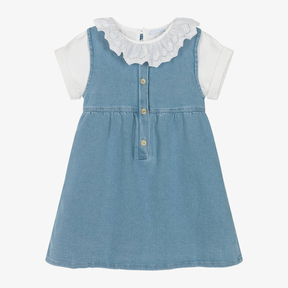 Laranjinha-طقم فستان قطن دنيم لون أبيض وأزرق | Childrensalon Outlet