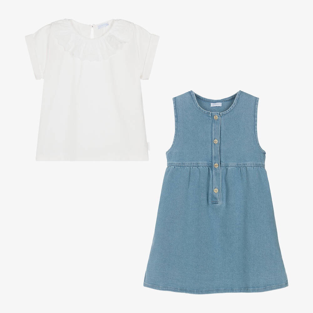 Laranjinha-Girls White & Blue Denim Dress Set | Childrensalon Outlet