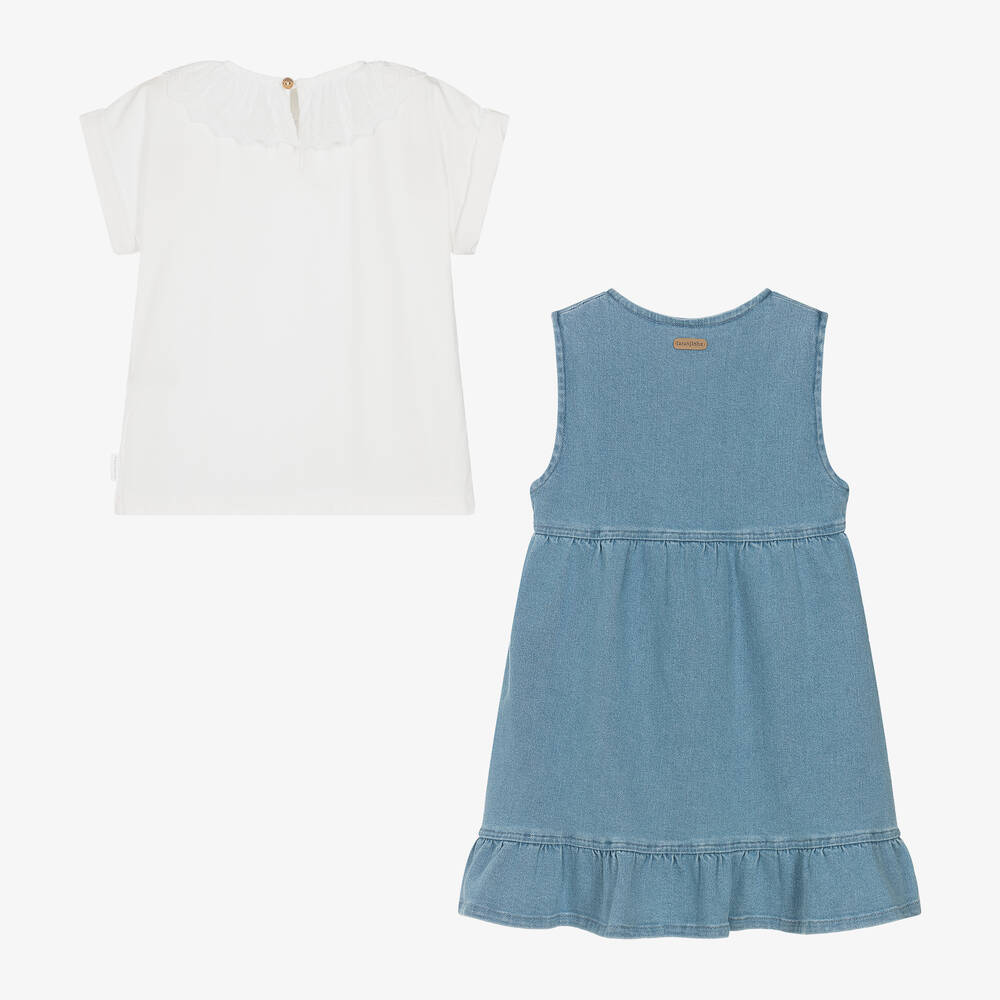 Laranjinha-Girls White & Blue Denim Dress Set | Childrensalon Outlet