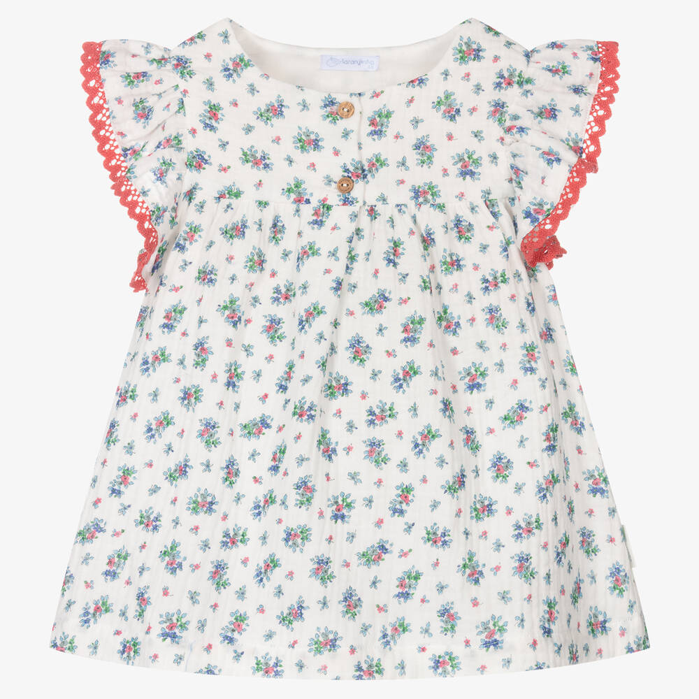 Laranjinha - Girls White & Blue Floral Cotton Blouse | Childrensalon