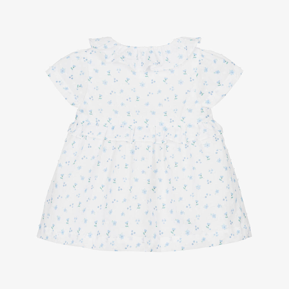 Laranjinha-Girls White & Blue Floral Plumetis Cotton Dress | Childrensalon Outlet