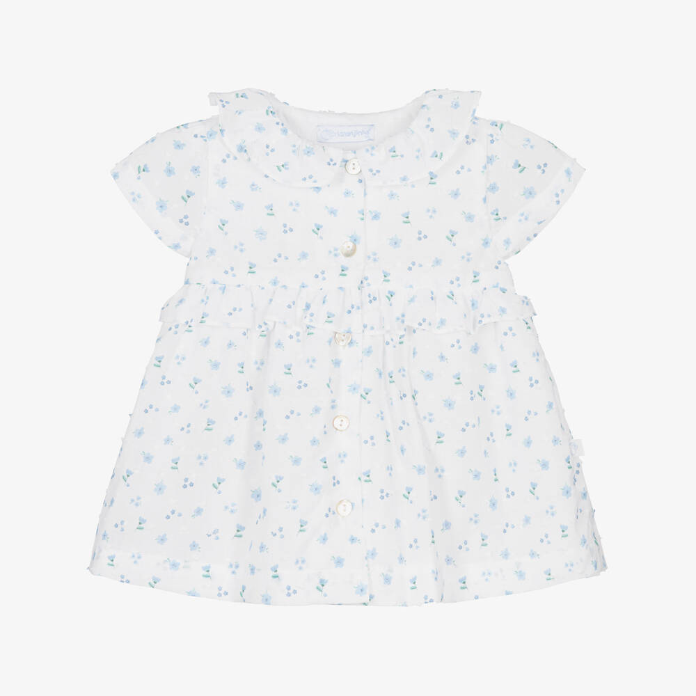 Laranjinha-Girls White & Blue Floral Plumetis Cotton Dress | Childrensalon Outlet