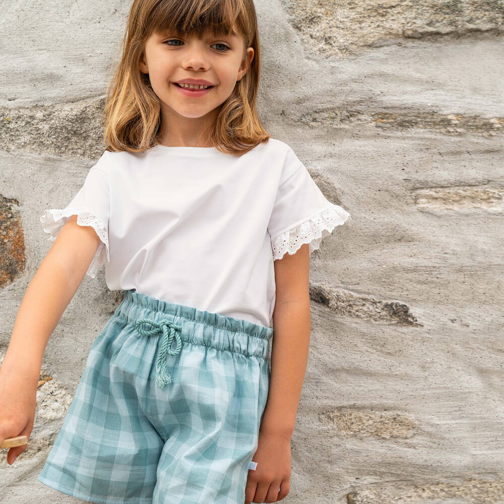 Laranjinha-Girls White & Blue Gingham Shorts Set | Childrensalon Outlet